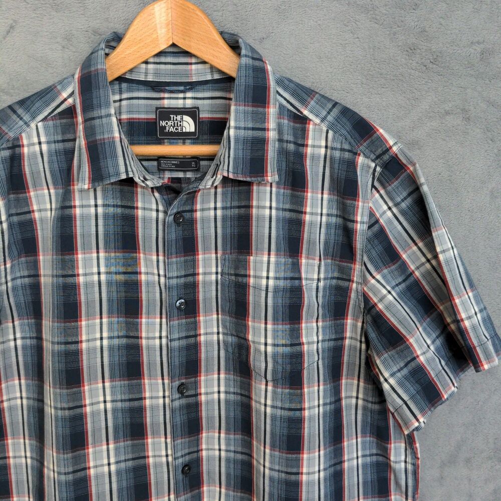 North Face Shirt Mens XL Blue Plaid Short Sleeve Button Up Outdoor Casual Top